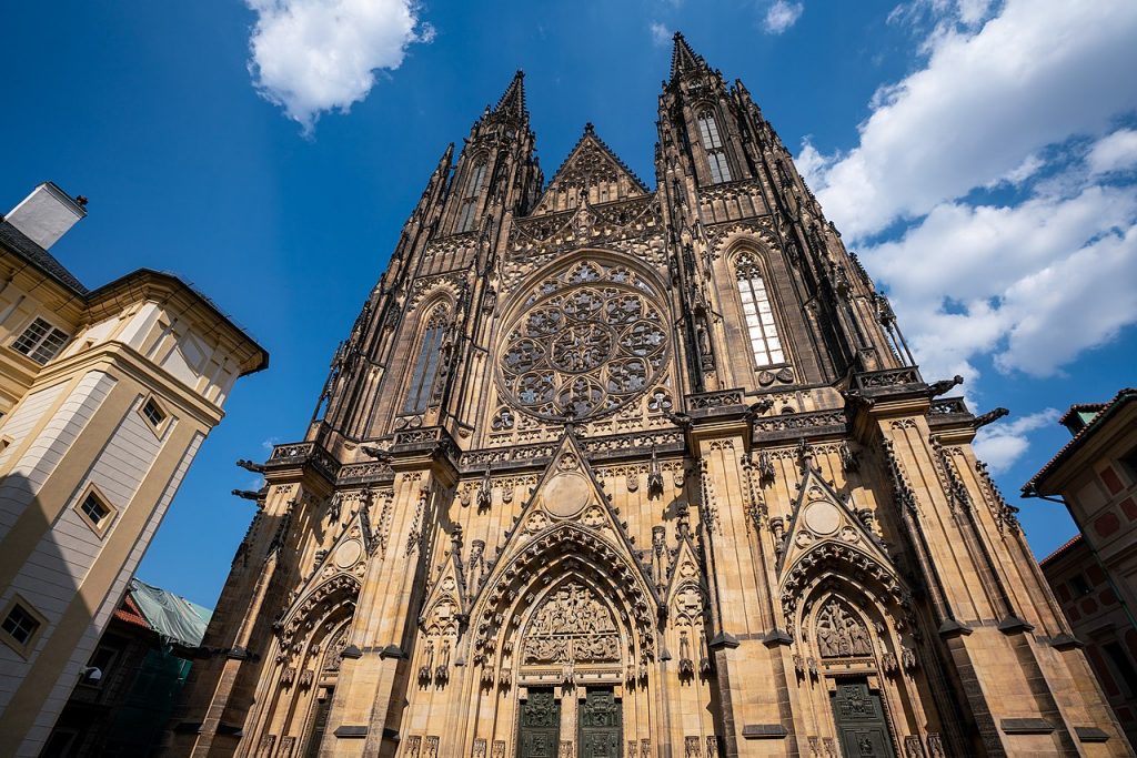 The facade of St. Vitus Cathedral in Prague was designed in the Gothic Revival Style.