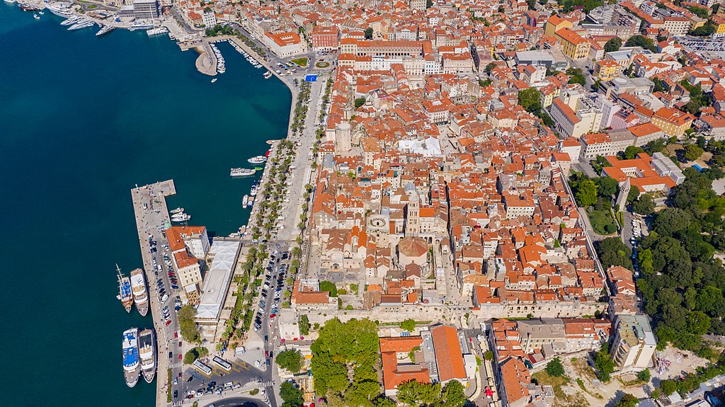 an Aerial view of Split showing the outline of the Palace of Diocletian