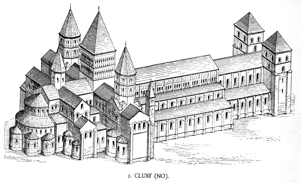 an etching of Cluny Abbey, at one point the largest Romanesque Church in the World