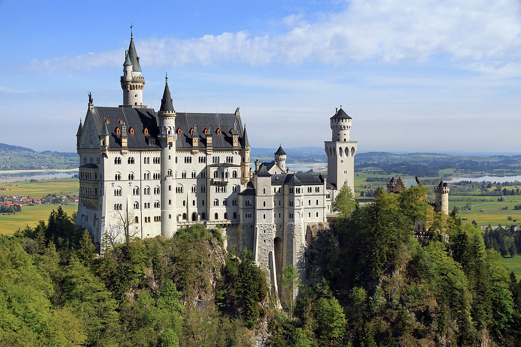 Neuschwanstein Castle is a Romantic Era castle located in the Bavarian Foothills 
