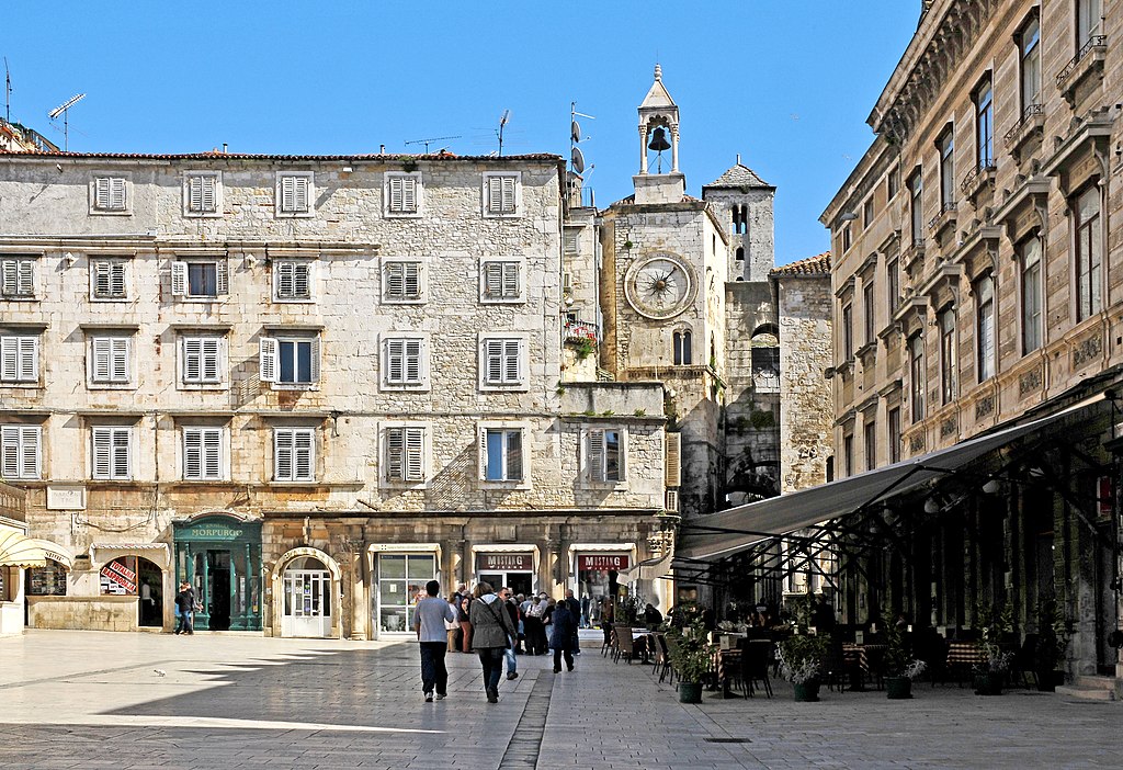 View of a clock tower overlooking a square in Split Croatia