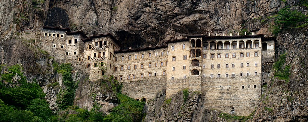 the Sumela Monastery is located in a natural cliff