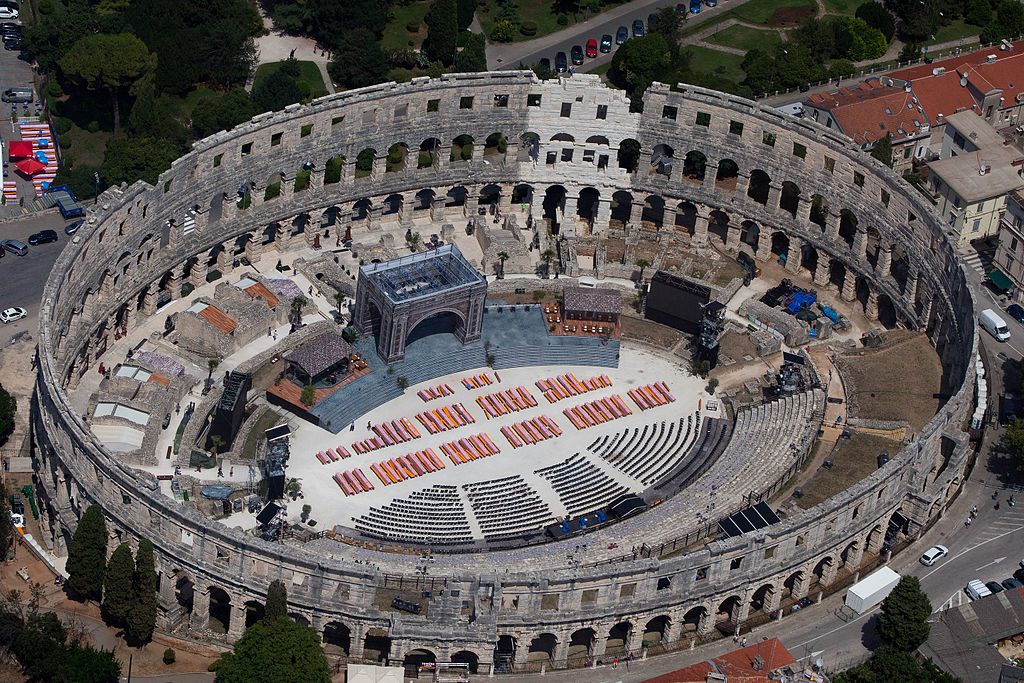 The Roman Amphitheater of Pula in Croatia has a well preserved facade.
