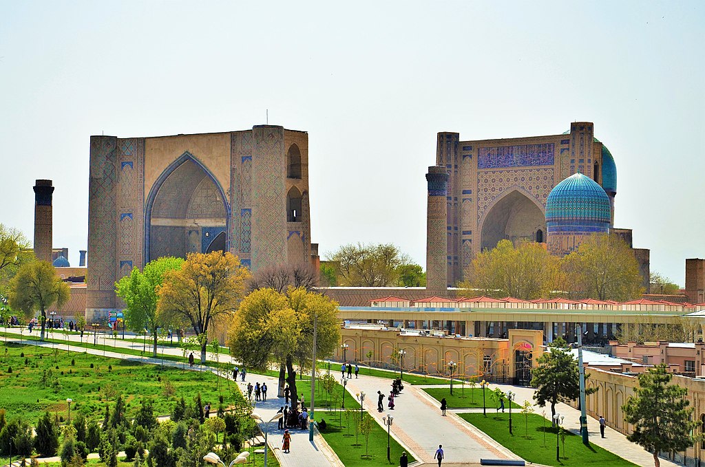 the Bibi-Khanym Mosque is in the typical style of Timurid Architecture and its two monumental entrances are visible throughout Samarkand. 