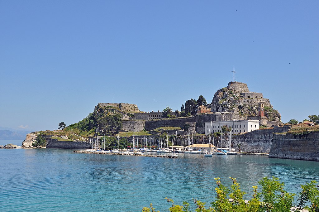 View of the Old Venetian Fortress built on a high rocky outcrop on the Eastern edge of Corfu in Greece.