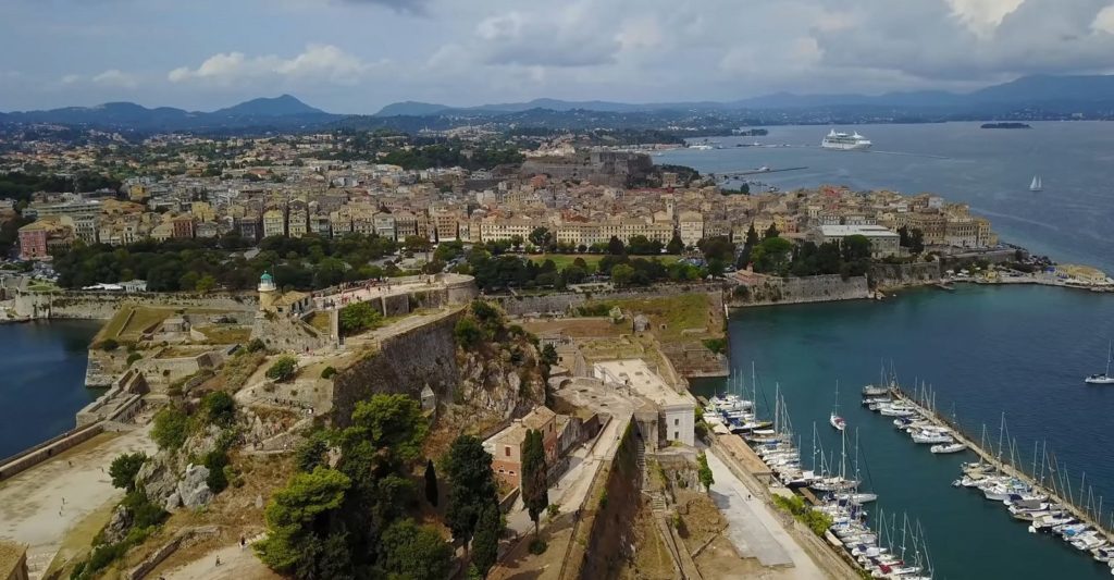 This image shows the city of Corfu in Greece from the top of the Old Venetian Fortress. 