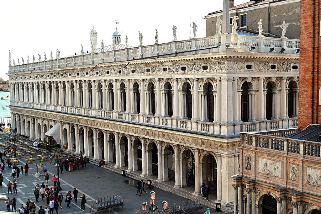 The Biblioteca Marciana is located across from the Doge's Palace, right next to Piazza San Marco and St. Mark's Basilica. The San Marco Neighborhood is filled with most of Venice's best works of Architecture. 