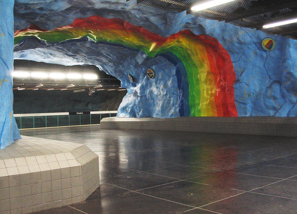 Stockholm has an incredible metro system where the stations are made of exposed bedrock which is painted in various patterns. 