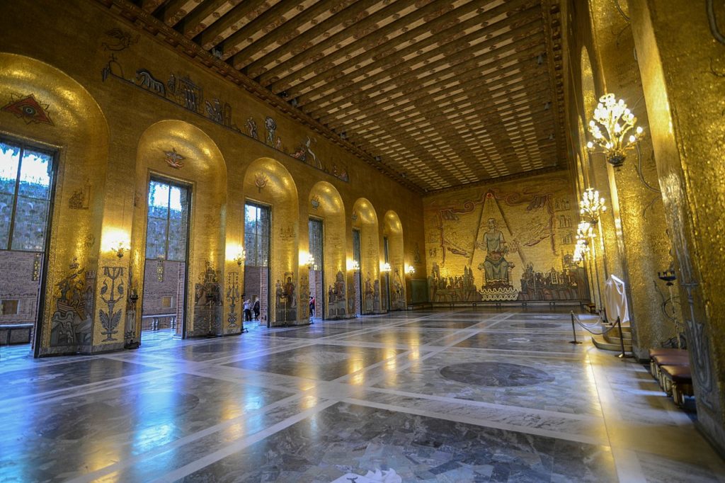 The Golden Hall within Stockholm City Hall is filled with countless mosaic tiles, many of which are made using Gold Leaf.