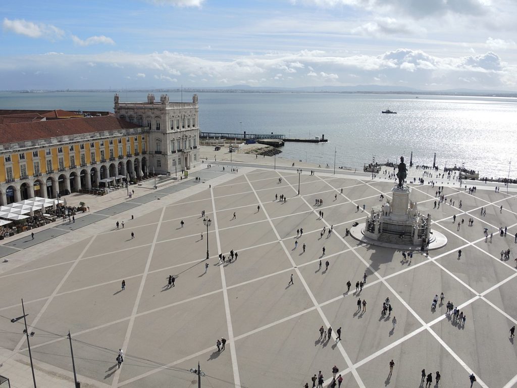 The Praça do Comércio is a famous square located along the waterfront in Lisbon.