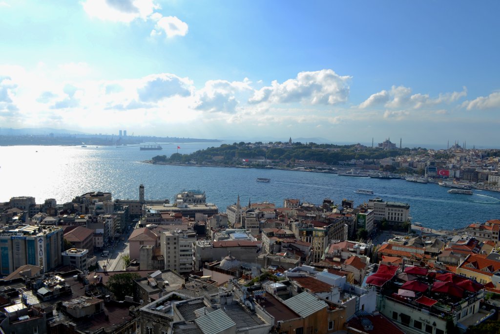 A view of Istanbul showing the various waterways and peninsulas in the city. 