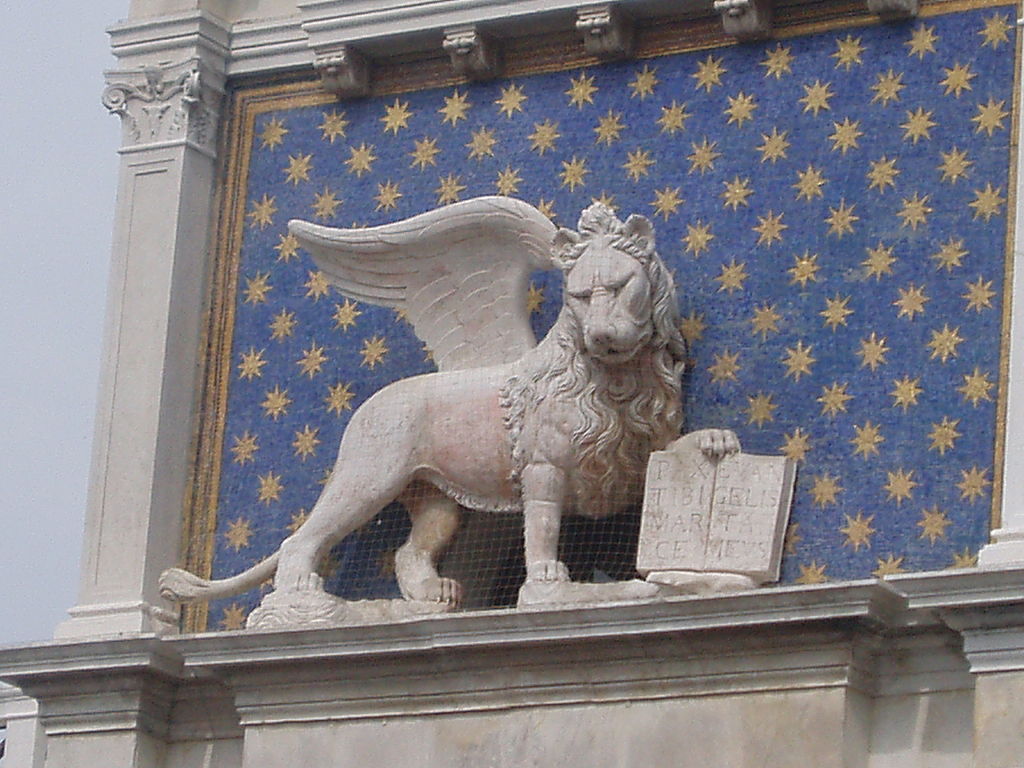The Venetian Lion is the symbol of the city, and its typically a winged lion holing a book or a sword. The Venetian often appears in different works of architecture in Venice. 