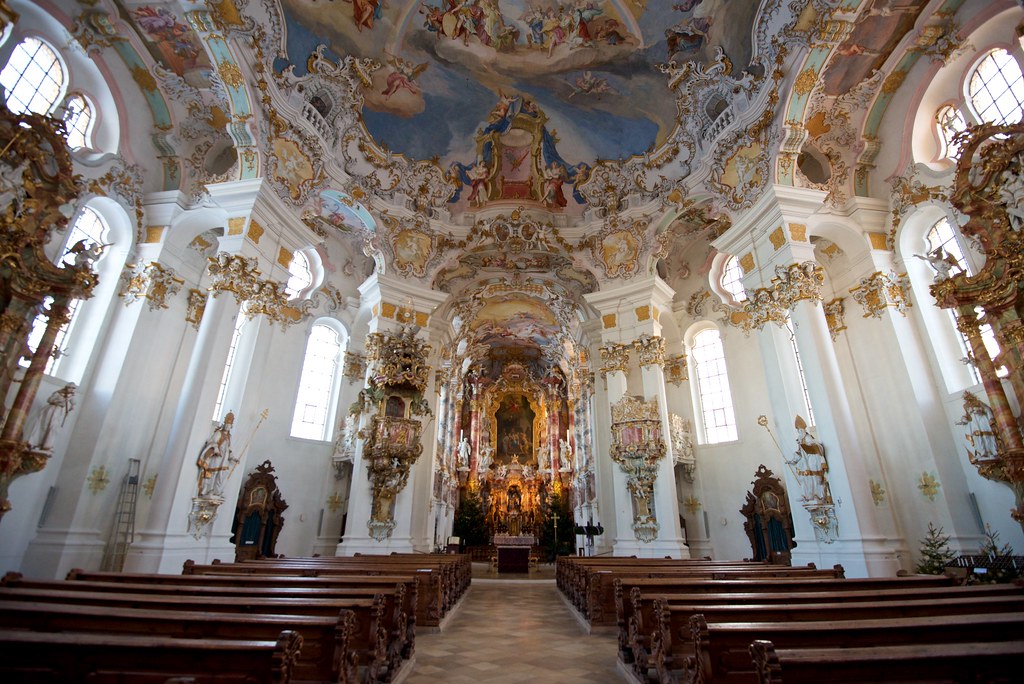 The Pilgrimage Church of Wies is an oval-shaped building thats designed in the Rococo Style.
