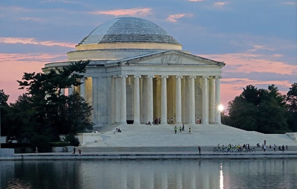 The Jefferson Memorial is one of several Neoclassical Monuments making up the National Mall in Washington DC.