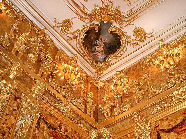 The Catherine Palace in St. Petersburg is a work of Rococo Architecture that is filled with lavish materials like gold.