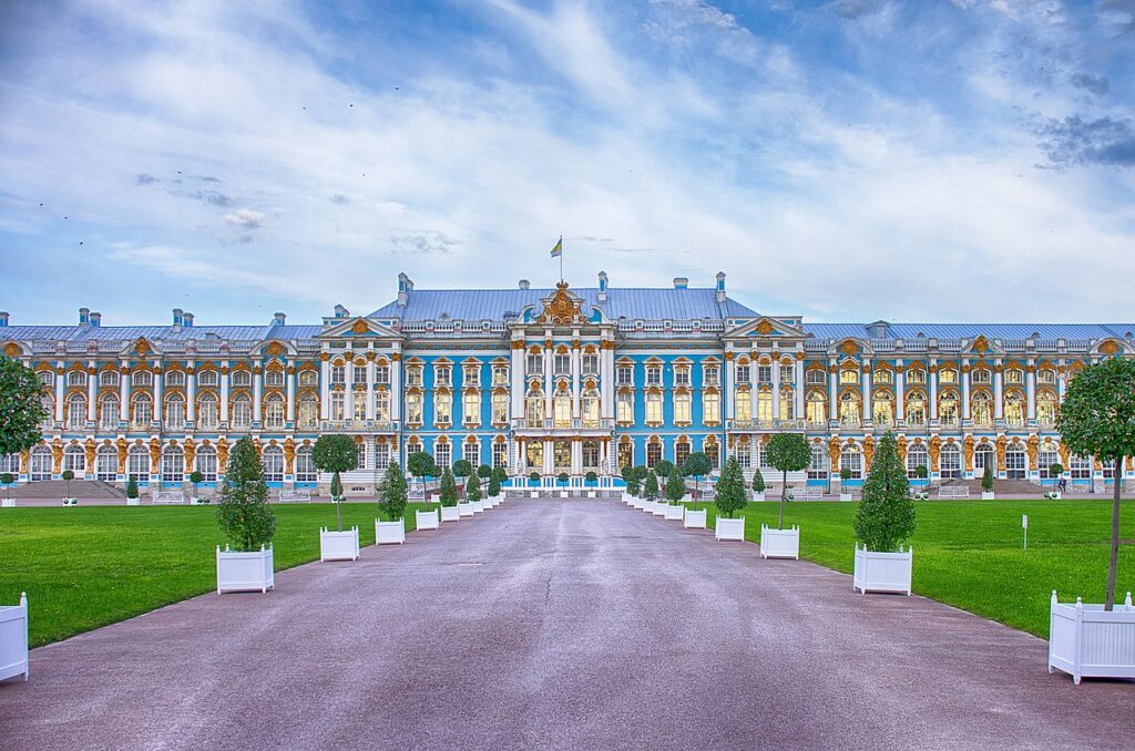 The Catherine Palace is an example of Rococo Architecture in the former Russian Capital of St. Petersburg. 
