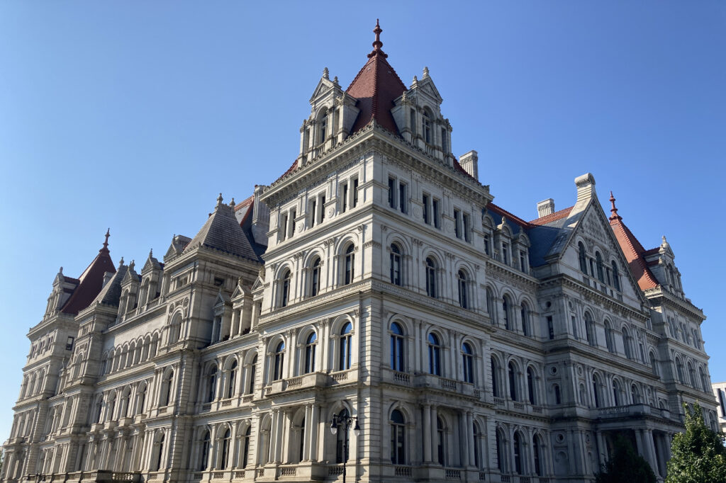 The New York State Capitol Building is a great example of Romanesque Revival Architecture, It also blends other styles like Byzantine Revival and Renaissance Architecture. . 