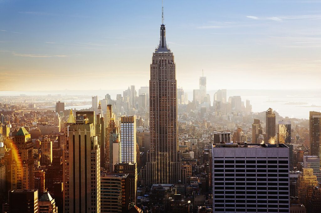 The Empire State Building is an Art Deco Structure located in Central Manhattan Island. 