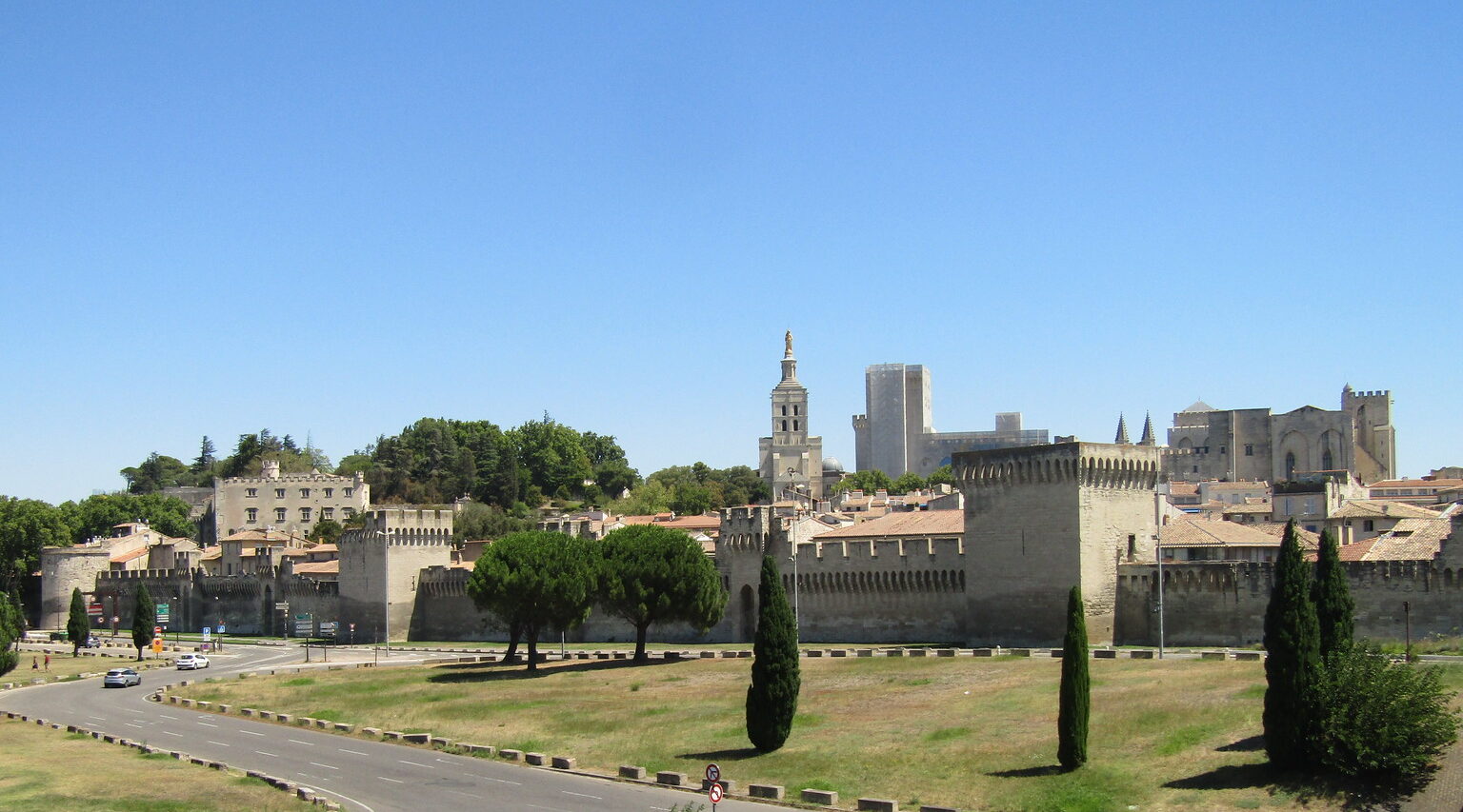 View of Avignon showing the city walls, the Cathedral, and the Papal Palace. 