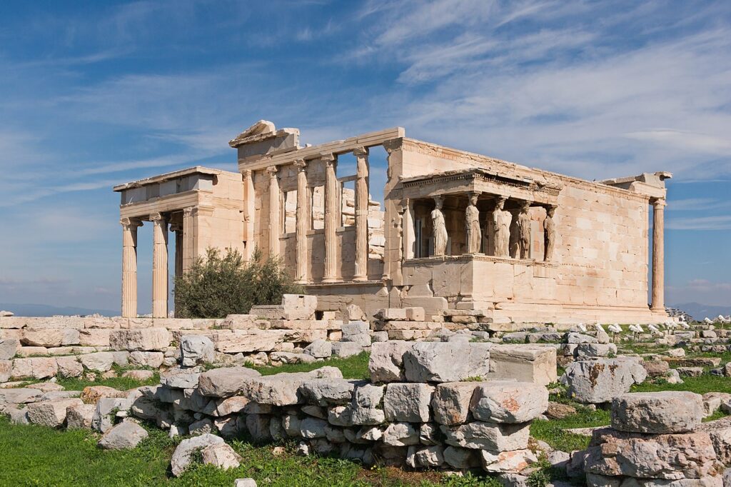 The Erechtheion is an asymmetrical temple located atop the Acropolis in Athens. 